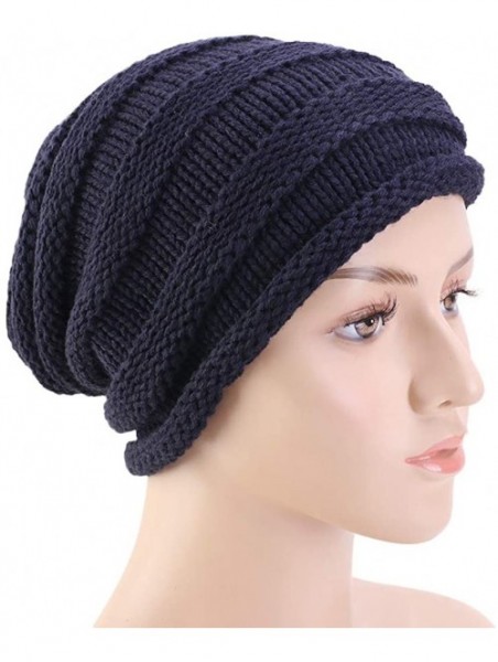 Skullies & Beanies Women Knit Slouchy Beanie Chunky Baggy Hat with Fur Pompom Winter Soft Warm Ski Cap Knitted Hat - Black - ...