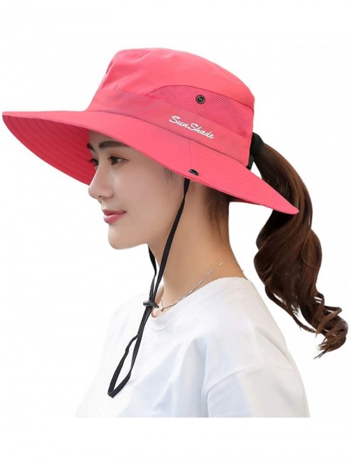 Sun Hats Women's Summer Mesh Wide Brim Sun UV Protection Hat with Ponytail Hole - Pure Watermelon Red - CO18S59ZH0D $18.47