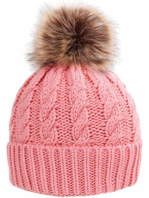 Skullies & Beanies Womens Winter Hand Knit Faux Fur Pompoms Beanie Hat - Single-pink - CP12BYRSH5J $18.74