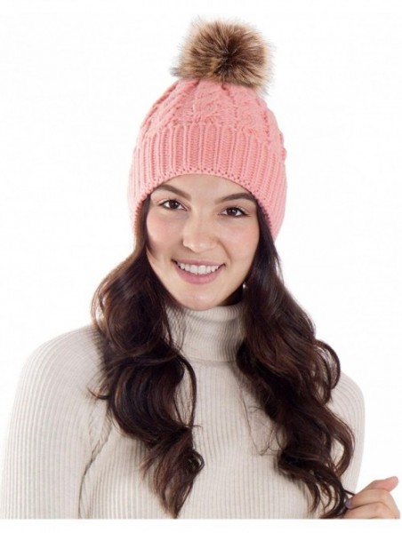 Skullies & Beanies Womens Winter Hand Knit Faux Fur Pompoms Beanie Hat - Single-pink - CP12BYRSH5J $18.74