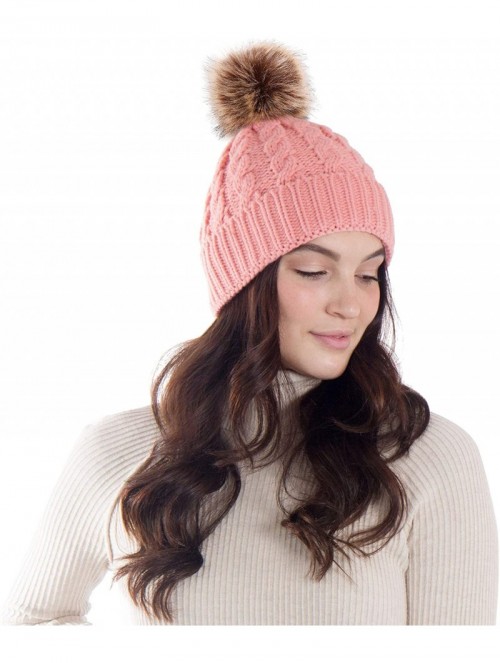 Skullies & Beanies Womens Winter Hand Knit Faux Fur Pompoms Beanie Hat - Single-pink - CP12BYRSH5J $18.74