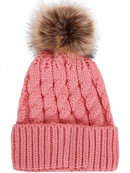 Skullies & Beanies Womens Winter Hand Knit Faux Fur Pompoms Beanie Hat - Single-pink - CP12BYRSH5J $18.74