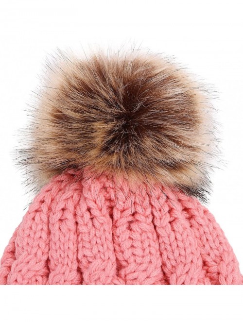 Skullies & Beanies Womens Winter Hand Knit Faux Fur Pompoms Beanie Hat - Single-pink - CP12BYRSH5J $18.74