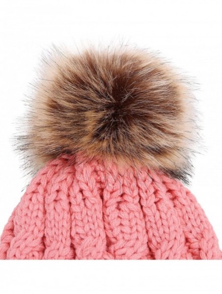 Skullies & Beanies Womens Winter Hand Knit Faux Fur Pompoms Beanie Hat - Single-pink - CP12BYRSH5J $18.74