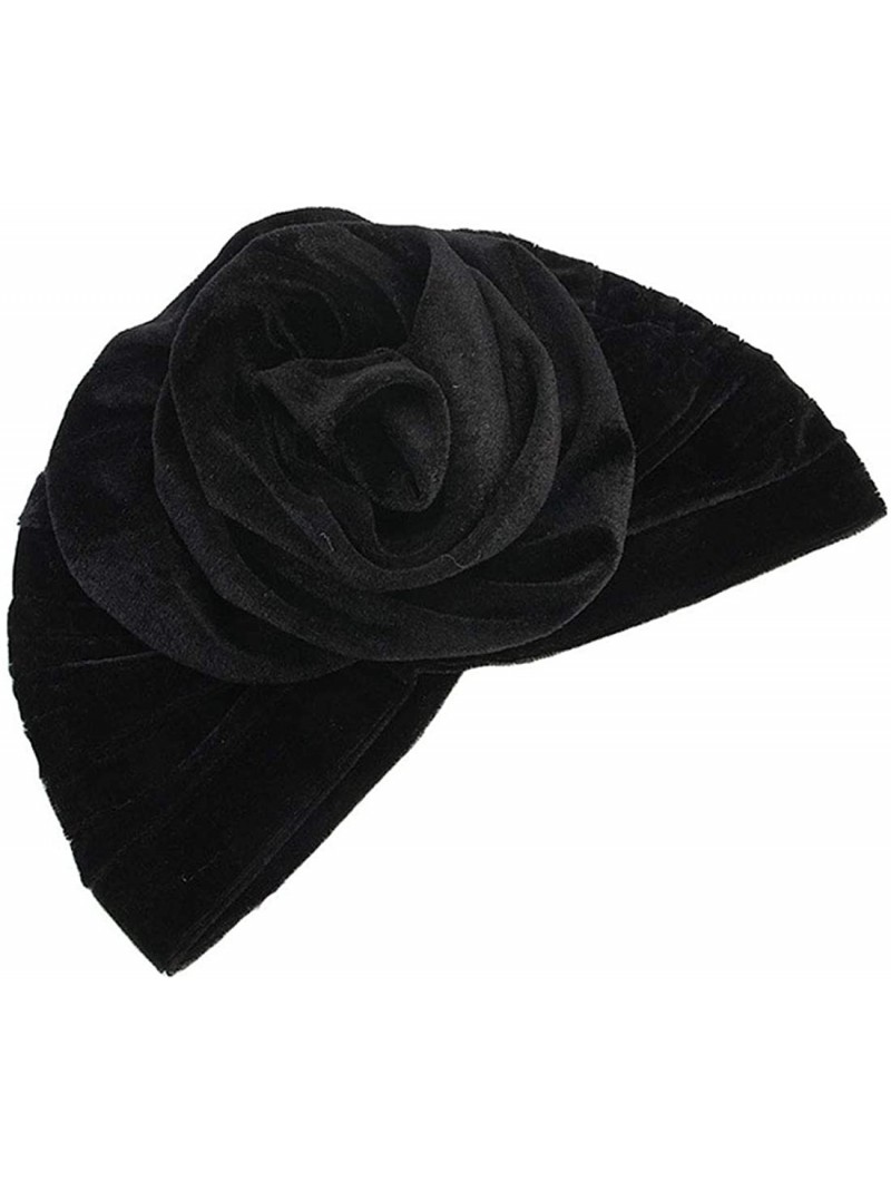 Skullies & Beanies Women Velvet Turban Hat Indian Cap Flower Slouchy Beanie Stretch Chemo Headwrap - La Flower Black - C418YD...