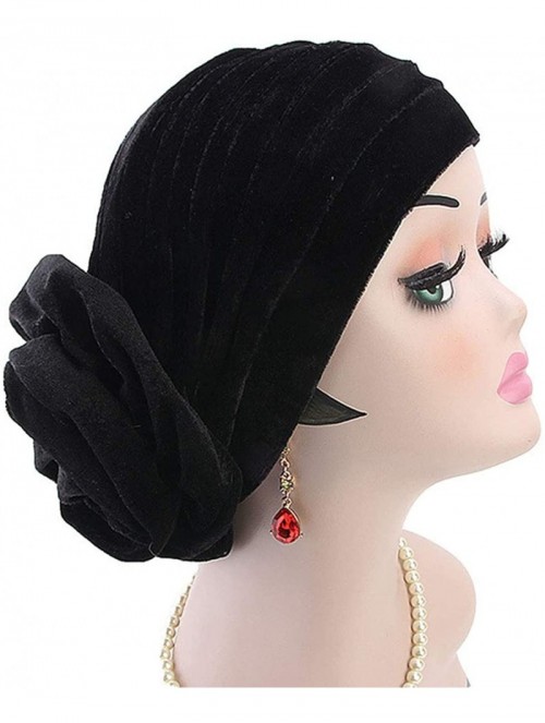 Skullies & Beanies Women Velvet Turban Hat Indian Cap Flower Slouchy Beanie Stretch Chemo Headwrap - La Flower Black - C418YD...