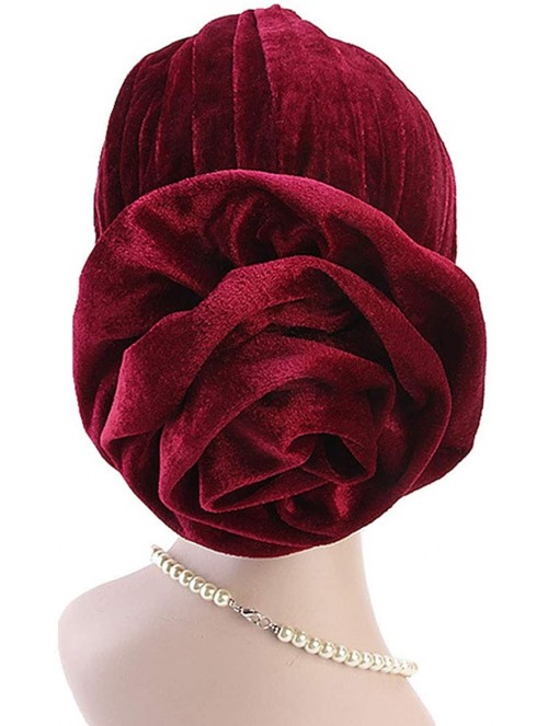 Skullies & Beanies Women Velvet Turban Hat Indian Cap Flower Slouchy Beanie Stretch Chemo Headwrap - La Flower Black - C418YD...