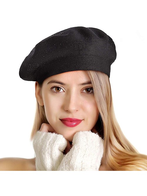 Berets Beret Hats for Women Rhinestones 2 Layers Wool French Hat Lady Winter Black Red - Black-black Rhinestones - CF18XXUY35...