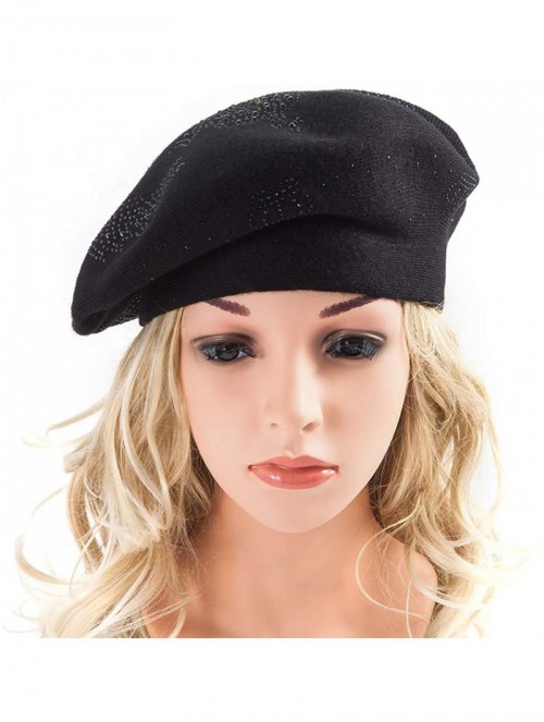 Berets Beret Hats for Women Rhinestones 2 Layers Wool French Hat Lady Winter Black Red - Black-black Rhinestones - CF18XXUY35...