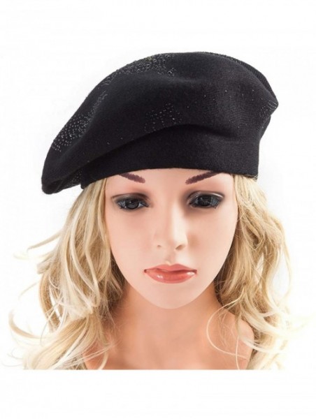 Berets Beret Hats for Women Rhinestones 2 Layers Wool French Hat Lady Winter Black Red - Black-black Rhinestones - CF18XXUY35...