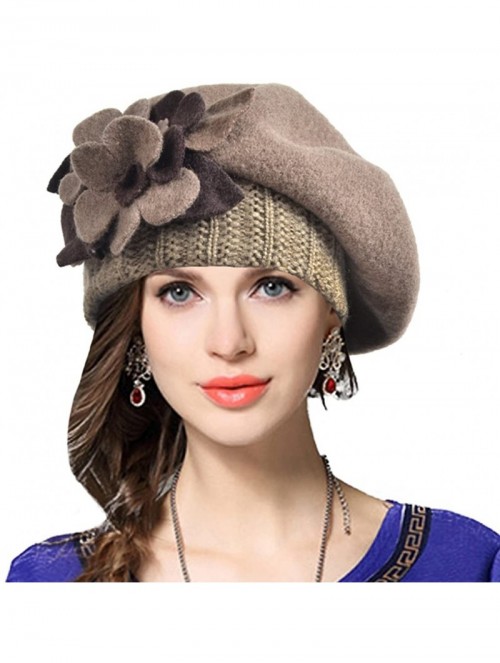 Berets Lady French Beret 100% Wool Beret Floral Dress Beanie Winter Hat - Floral-brown - CA12NRMFZH3 $18.88