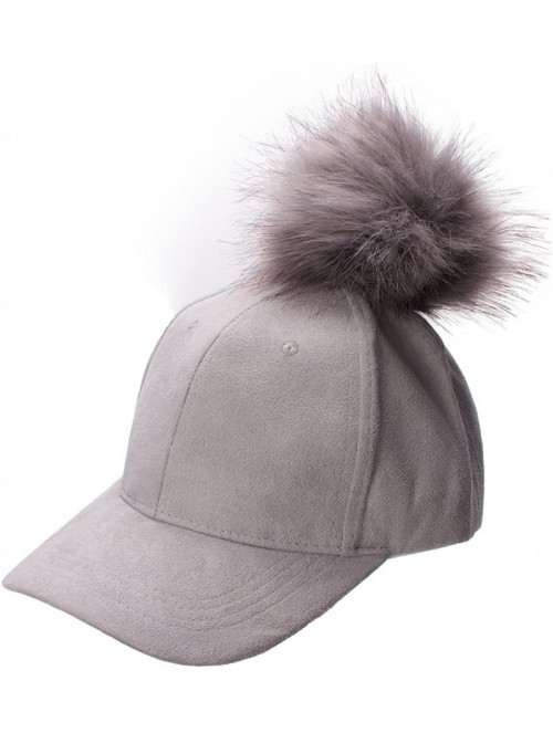 Baseball Caps Womens Adjustable Suede Baseball Cap Hip-Hop Hat Faux Fur Pom Pom A383 - Light Gray - CZ187DD7QUE $14.62