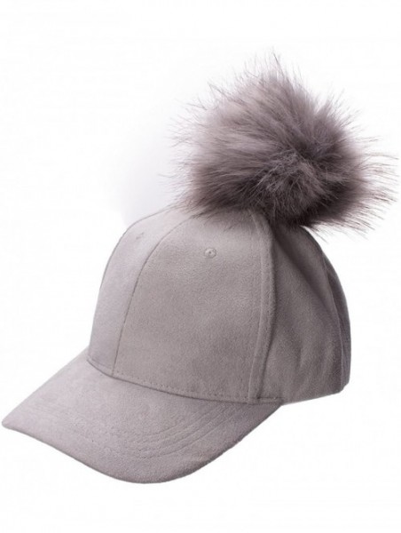 Baseball Caps Womens Adjustable Suede Baseball Cap Hip-Hop Hat Faux Fur Pom Pom A383 - Light Gray - CZ187DD7QUE $14.62