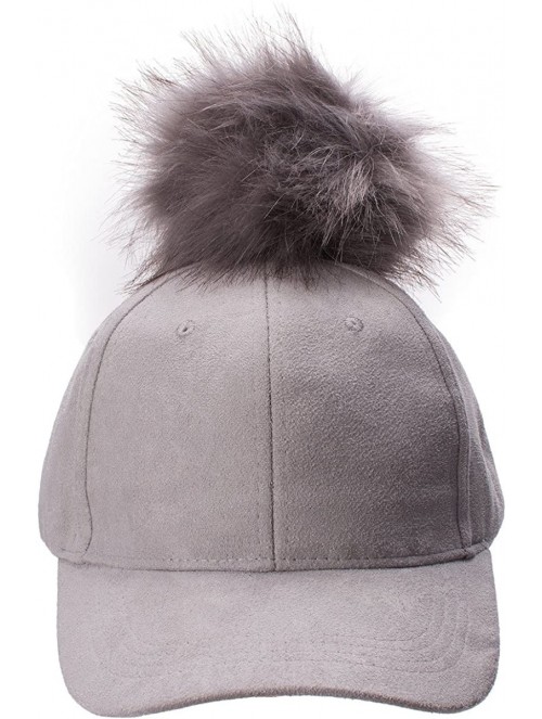 Baseball Caps Womens Adjustable Suede Baseball Cap Hip-Hop Hat Faux Fur Pom Pom A383 - Light Gray - CZ187DD7QUE $14.62