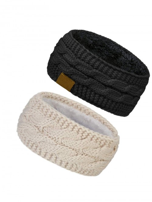 Cold Weather Headbands Cable Knit Fuzzy Lined Head Wrap Headband Ear Warmer (2 Pack - Beige & Black) - 2 Pack - Beige & Black...