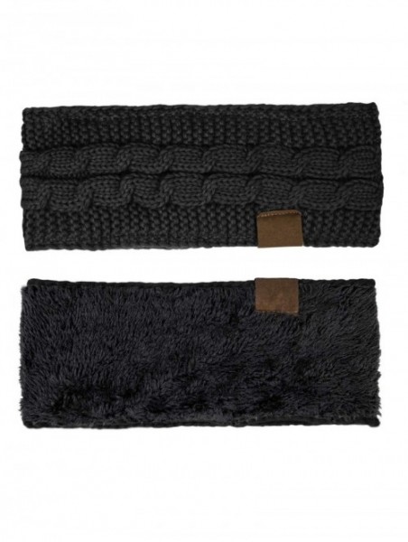 Cold Weather Headbands Cable Knit Fuzzy Lined Head Wrap Headband Ear Warmer (2 Pack - Beige & Black) - 2 Pack - Beige & Black...