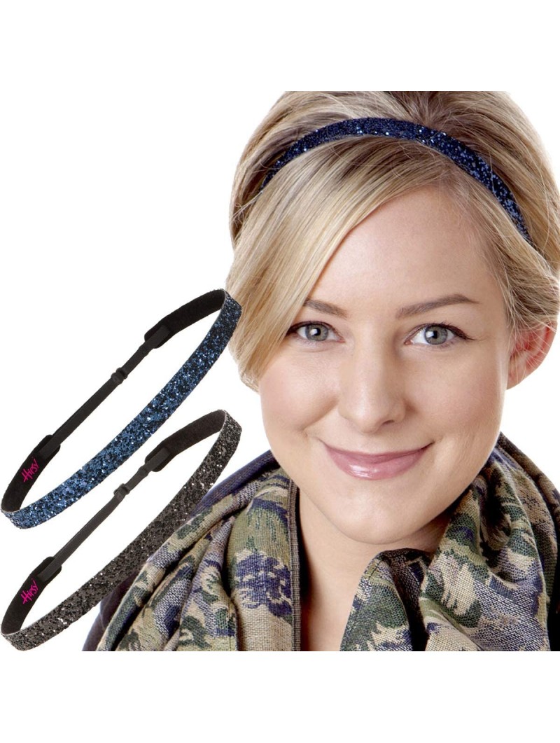 Headbands Girl's Adjustable Non Slip Skinny Bling Glitter Headband Multi Pack - Black & Navy - CX11MNG3N0P $14.63