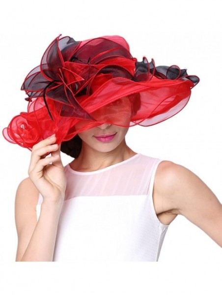 Sun Hats Women Race Hats Organza Hat with Ruffles Feathers - Red&black - CP12EORXVG1 $39.28