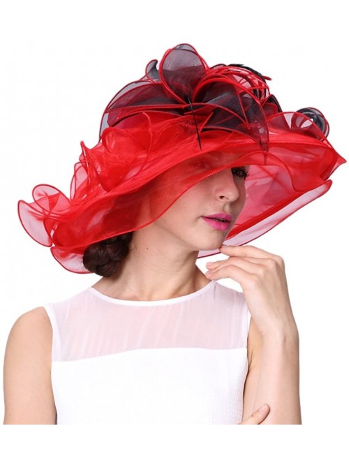 Sun Hats Women Race Hats Organza Hat with Ruffles Feathers - Red&black - CP12EORXVG1 $39.28