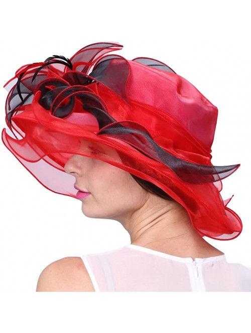 Sun Hats Women Race Hats Organza Hat with Ruffles Feathers - Red&black - CP12EORXVG1 $39.28