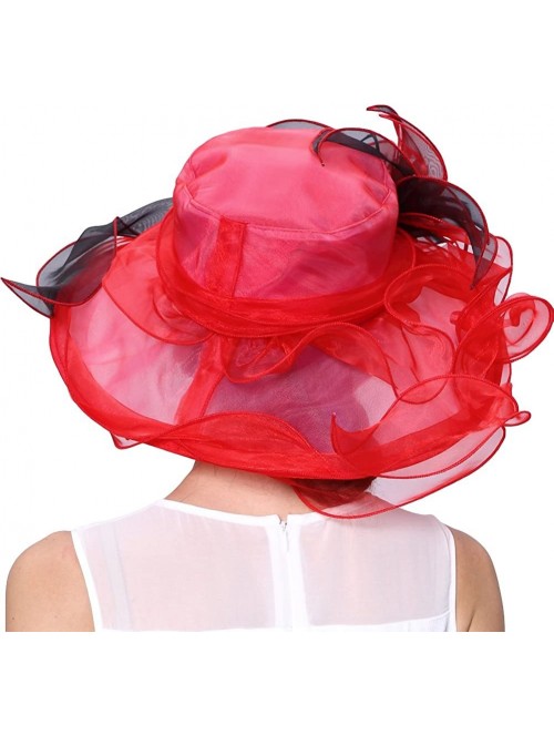 Sun Hats Women Race Hats Organza Hat with Ruffles Feathers - Red&black - CP12EORXVG1 $39.28