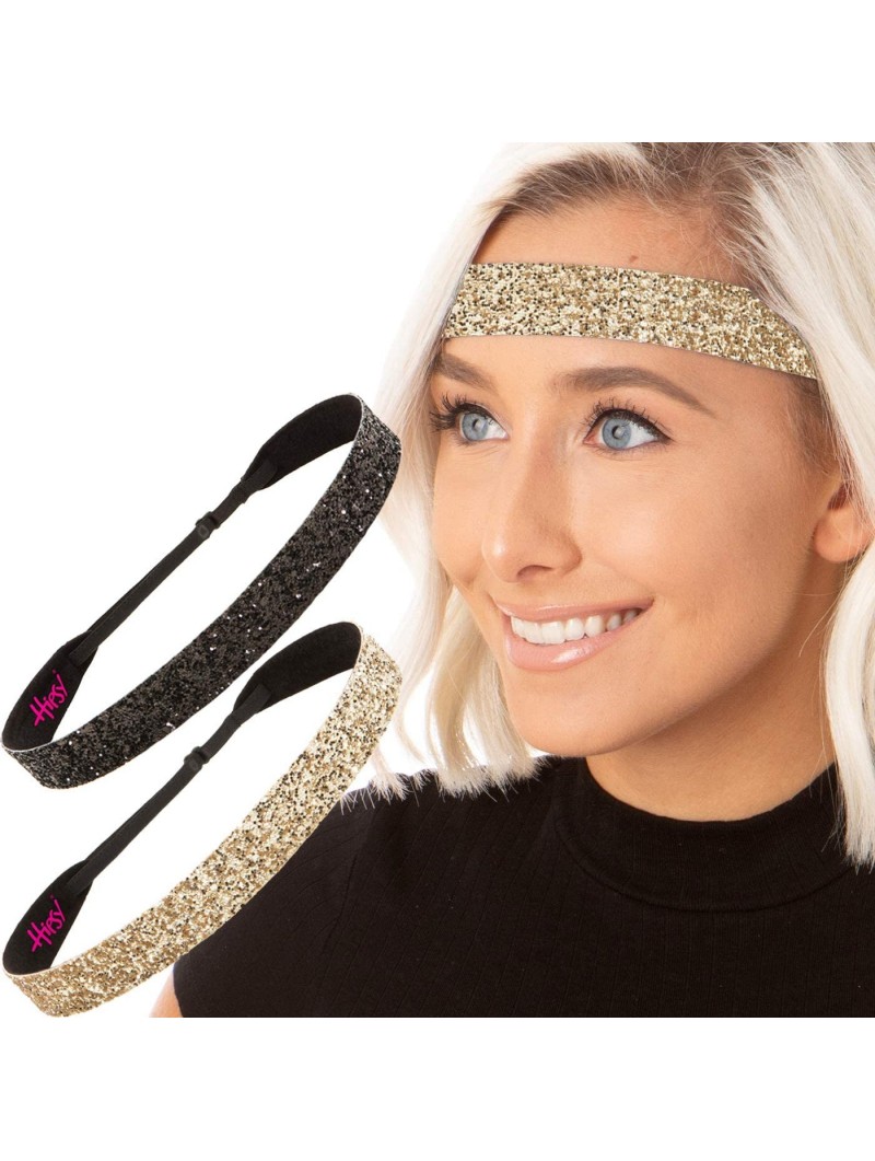 Headbands Adjustable NO Slip Wide Bling Glitter Headbands for Women Girls & Teens Black Duo Pack - Black & Gold - CI11N47UI8R...