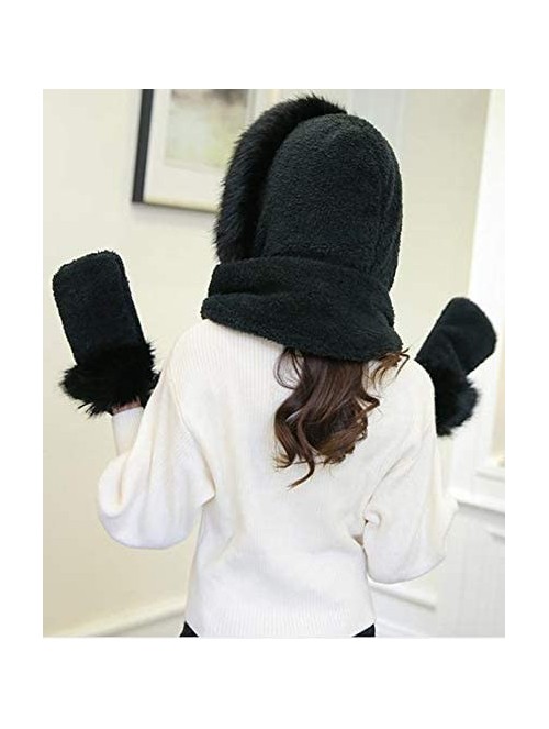 Cold Weather Headbands Women Girls Cute Panda Animal Winter Hats 3 in 1 Warm Plush Hoodie Cap Paw Gloves Mitten Scarf Set - C...