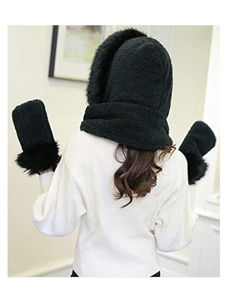 Cold Weather Headbands Women Girls Cute Panda Animal Winter Hats 3 in 1 Warm Plush Hoodie Cap Paw Gloves Mitten Scarf Set - C...