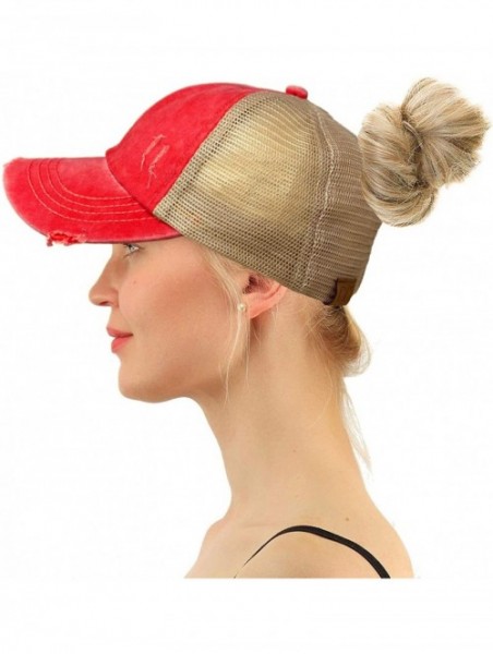 Baseball Caps Ponytail Criss Cross Messy Buns Ponycaps Baseball Cap Dad Trucker Mesh Hat - Distressed Red - CI1973G43OS $21.18