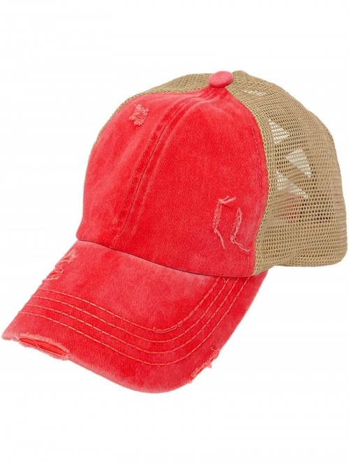 Baseball Caps Ponytail Criss Cross Messy Buns Ponycaps Baseball Cap Dad Trucker Mesh Hat - Distressed Red - CI1973G43OS $21.18