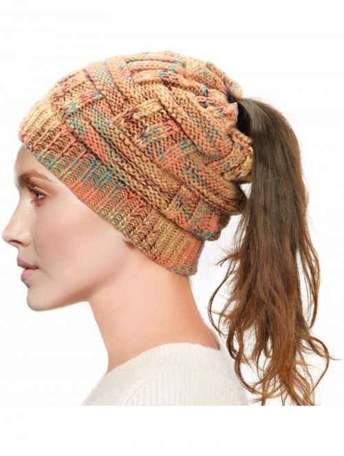 Skullies & Beanies Womens Ponytail Beanie Hat Soft Knit BeanieTail Warm Winter Hat - Mustard Kaleidoscope Mix - CI18EDT0XMS $...