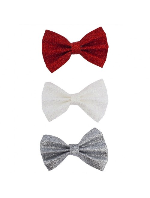 Headbands Christmas Xmas Red White Silvertone Glitter Bow Hair Clips (3pc) - Red White Silver - CT12O4QK41P $12.95