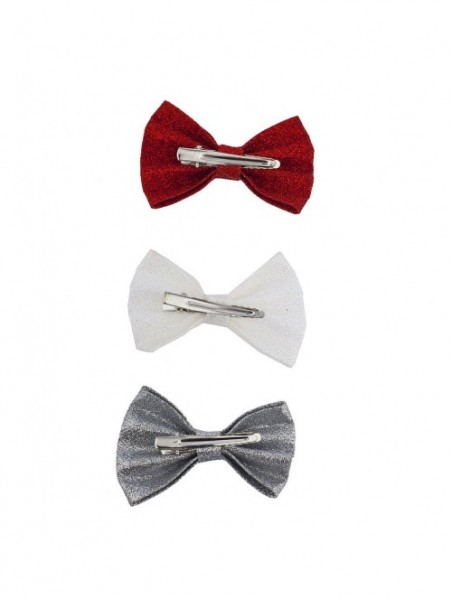 Headbands Christmas Xmas Red White Silvertone Glitter Bow Hair Clips (3pc) - Red White Silver - CT12O4QK41P $12.95