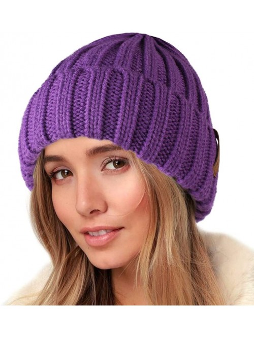 Skullies & Beanies Knit Beanie Hats for Women Men Double Layer Fleece Lined Chunky Winter Hat - Deep Purple - CN18UYDZ83L $19.47