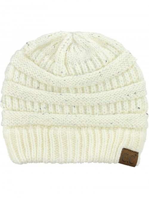 Skullies & Beanies Women's Sparkly Sequins Warm Soft Stretch Cable Knit Beanie Hat - Ivory/Silver - CW18IQERHOH $19.24