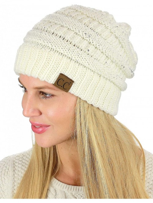 Skullies & Beanies Women's Sparkly Sequins Warm Soft Stretch Cable Knit Beanie Hat - Ivory/Silver - CW18IQERHOH $19.24