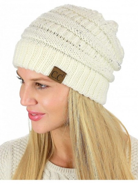 Skullies & Beanies Women's Sparkly Sequins Warm Soft Stretch Cable Knit Beanie Hat - Ivory/Silver - CW18IQERHOH $19.24