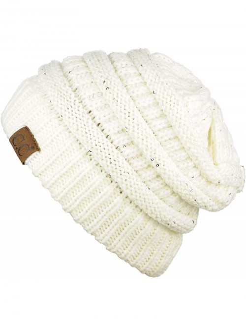 Skullies & Beanies Women's Sparkly Sequins Warm Soft Stretch Cable Knit Beanie Hat - Ivory/Silver - CW18IQERHOH $19.24