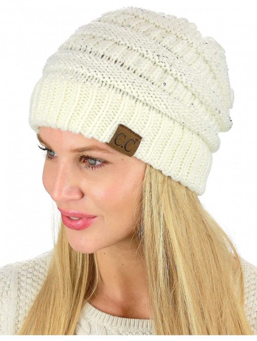 Skullies & Beanies Women's Sparkly Sequins Warm Soft Stretch Cable Knit Beanie Hat - Ivory/Silver - CW18IQERHOH $19.24