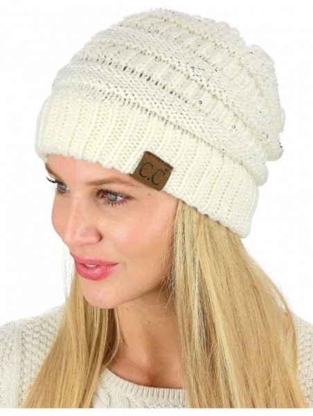 Skullies & Beanies Women's Sparkly Sequins Warm Soft Stretch Cable Knit Beanie Hat - Ivory/Silver - CW18IQERHOH $19.24