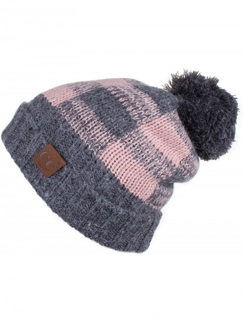 Skullies & Beanies Hatsandscarf Exclusives Buffalo Check Pattern Fuzzy Lined Knit Pom Beanie Hat (HAT-55) - Dk. Mel Grey/Indi...