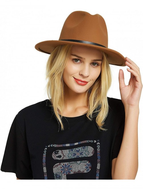 Fedoras Womens Felt Fedora Hat- Wide Brim Panama Cowboy Hat Floppy Sun Hat for Beach Church - Brown 3 - CK18ZLGAKOH $20.80