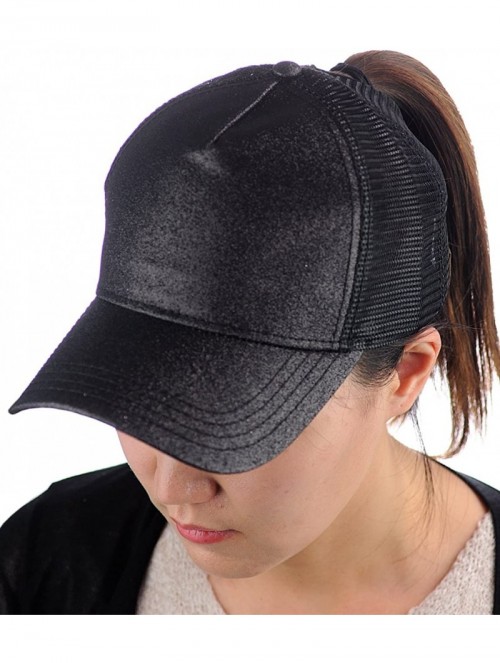 Baseball Caps Ponycap Messy High Bun Ponytail Adjustable Glitter Mesh Trucker Baseball Cap - Black - CE182OU4L7R $21.55