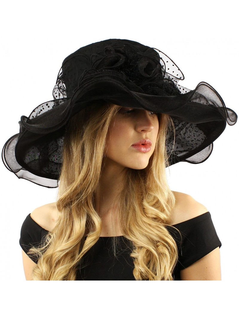 Sun Hats Fancy Classy Polka Dot Ruffle Kentucky Derby Floppy Ruffle Organza Hat - Black - CO12COY6CC1 $50.90