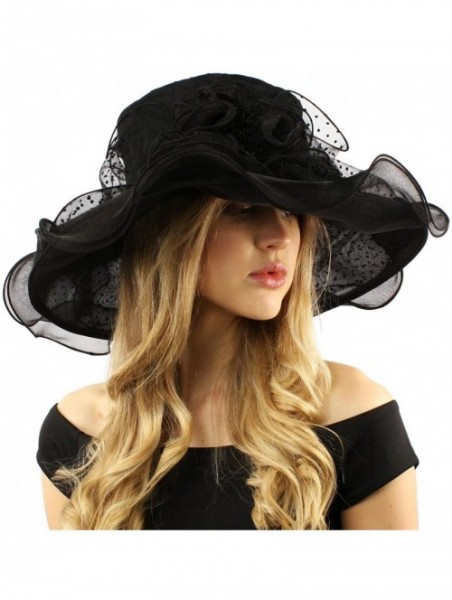 Sun Hats Fancy Classy Polka Dot Ruffle Kentucky Derby Floppy Ruffle Organza Hat - Black - CO12COY6CC1 $50.90