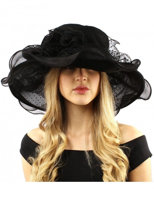 Sun Hats Fancy Classy Polka Dot Ruffle Kentucky Derby Floppy Ruffle Organza Hat - Black - CO12COY6CC1 $50.90