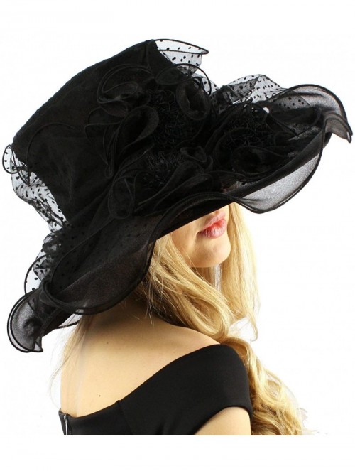 Sun Hats Fancy Classy Polka Dot Ruffle Kentucky Derby Floppy Ruffle Organza Hat - Black - CO12COY6CC1 $50.90