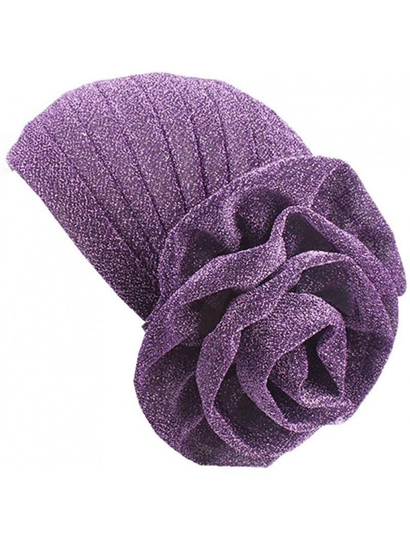 Skullies & Beanies Luxury Stretchable Glitter Flower Chemo Beanie Hair Loss Turban - Purple - CU18EQKNXC0 $13.89