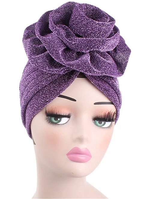 Skullies & Beanies Luxury Stretchable Glitter Flower Chemo Beanie Hair Loss Turban - Purple - CU18EQKNXC0 $13.89