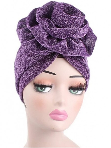 Skullies & Beanies Luxury Stretchable Glitter Flower Chemo Beanie Hair Loss Turban - Purple - CU18EQKNXC0 $13.89